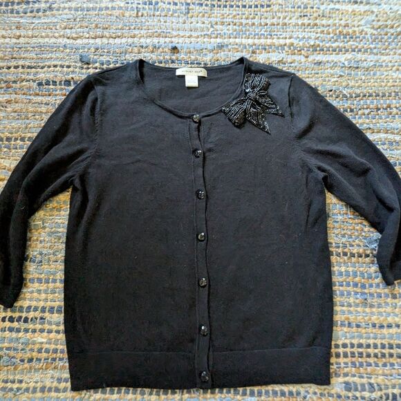 August Silk Dainty Beaded Bow Button Up Black Cardigan Sweater Large 3/4… - Picture 2 of 7
